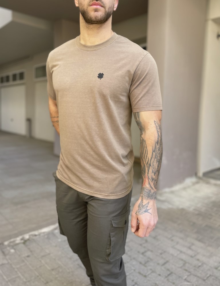 Ανδρικό βαμβακερό καφέ πλυμένο παλαιωμένο T-shirt με μικρό λογότυπο TPM1071 φωτογραφία